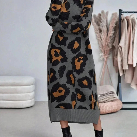 Multicolor Casual Women's Leopard Print Turtleneck Sweater Dress - Picture 3 of 6